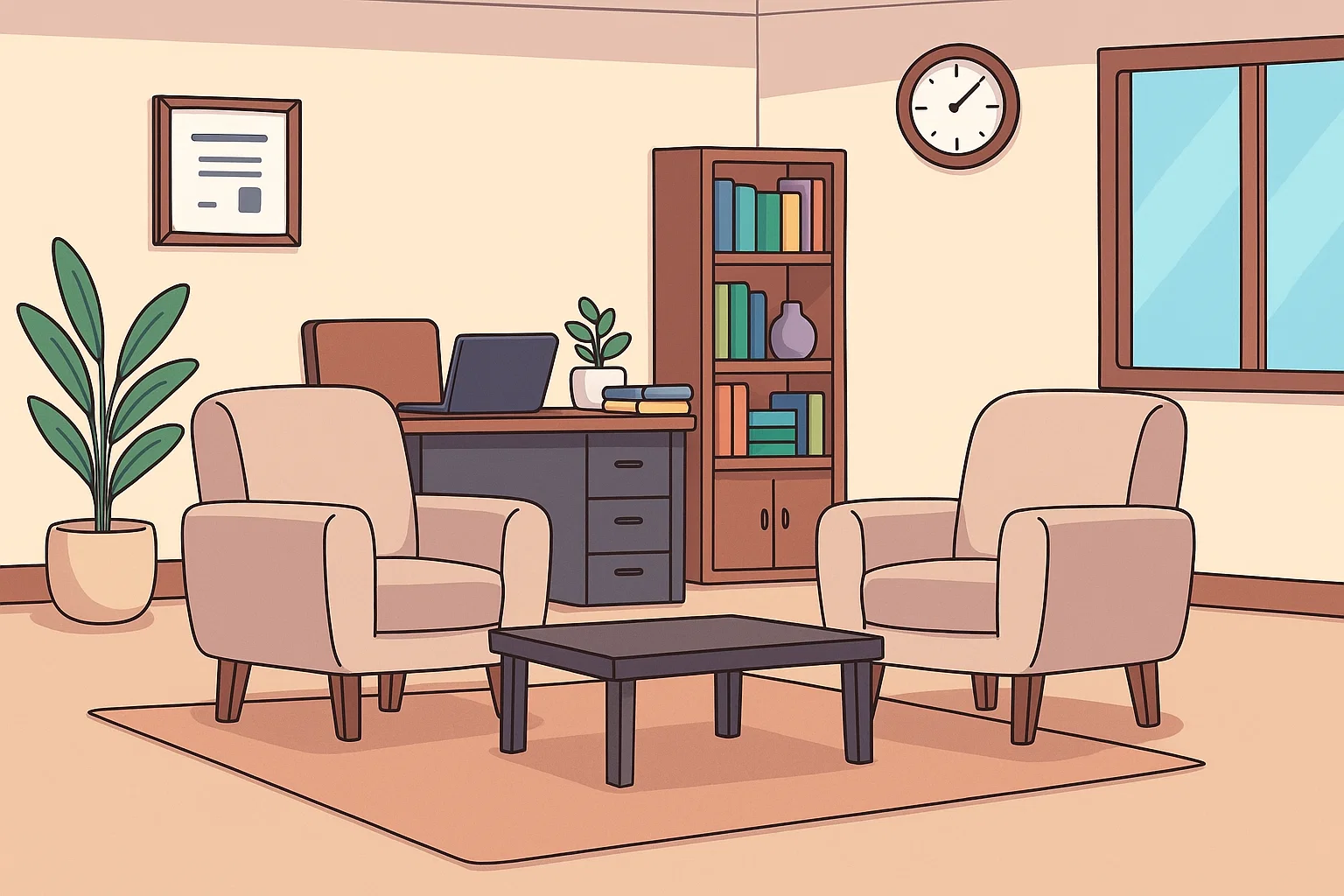 Interno dello studio della Dott.ssa Elisa Zardi - ambiente accogliente con poltrone comode, libreria e scrivania